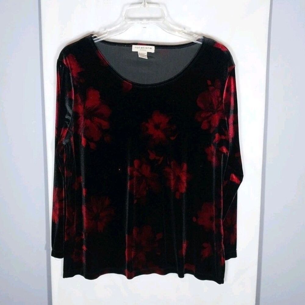 Notations Velvet Floral Top 1X Black Red Sparkle Stretch Tunic Long Sleeve Goth
